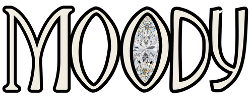 The word 'MOODY' with a diamond in the 'O' on a white background